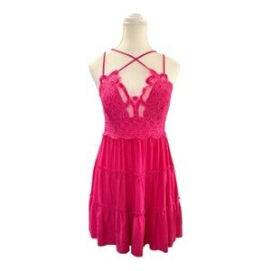 Zenana Hot Pink Lace Smocked Babydoll Top – XL